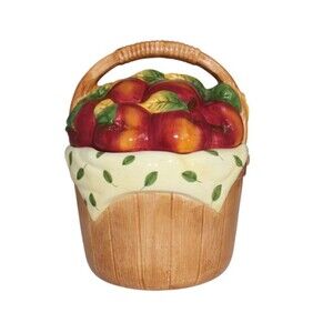 Vintage Cooks Club Ceramic Cookie Jar Red Apples Brown Basket